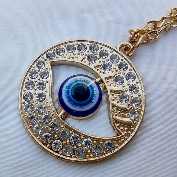 Big & Garish Gold Tone & Rhinestone Studded Evil Eye Pendant on 20" Faux Chain - Picture 1 of 8